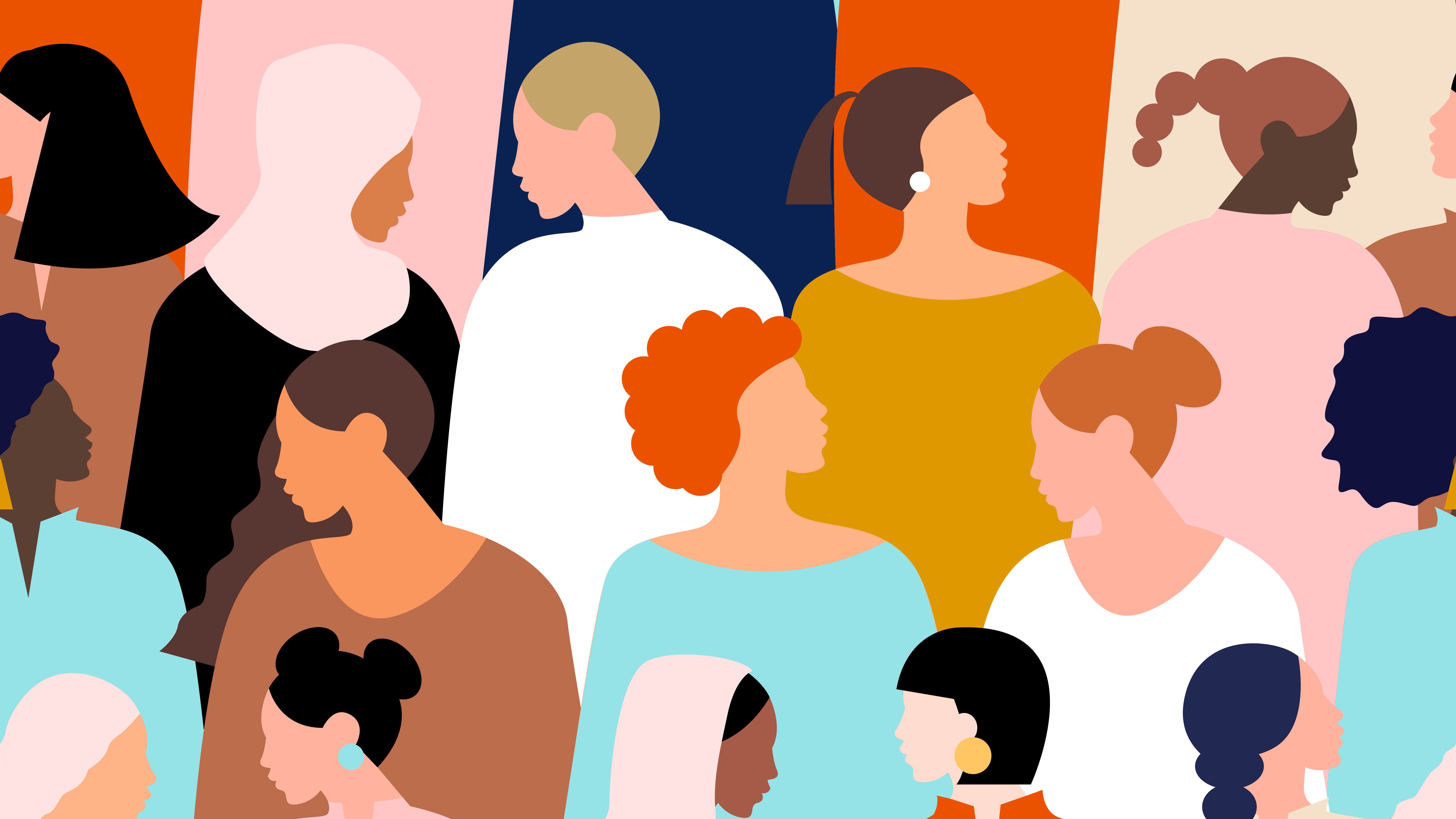 Abstract illustration of a diverse crowd of people facing different directions in bold colors.