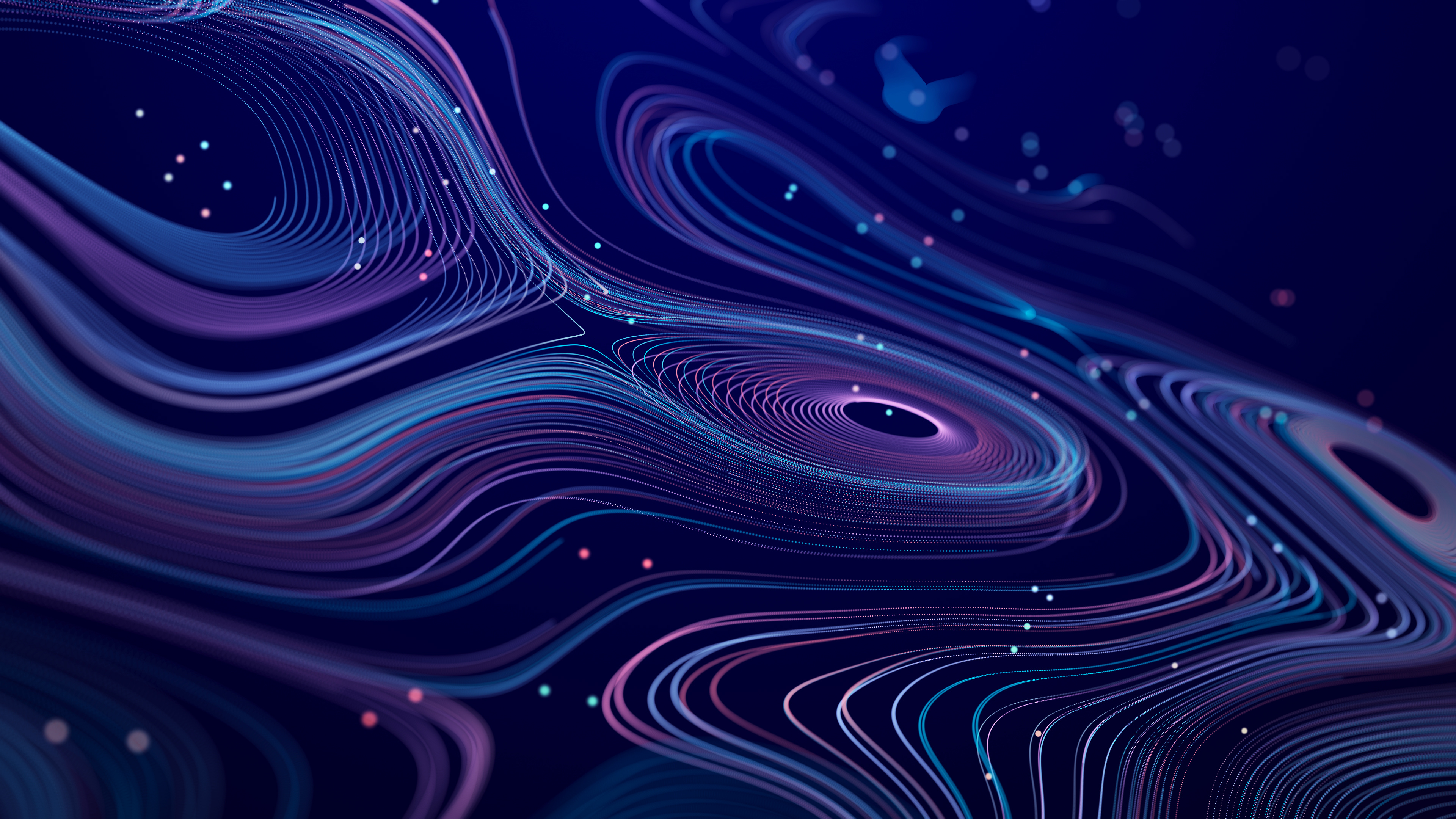 Abstract digital art featuring flowing neon ribbons in blue, purple, and pink against a dark background.