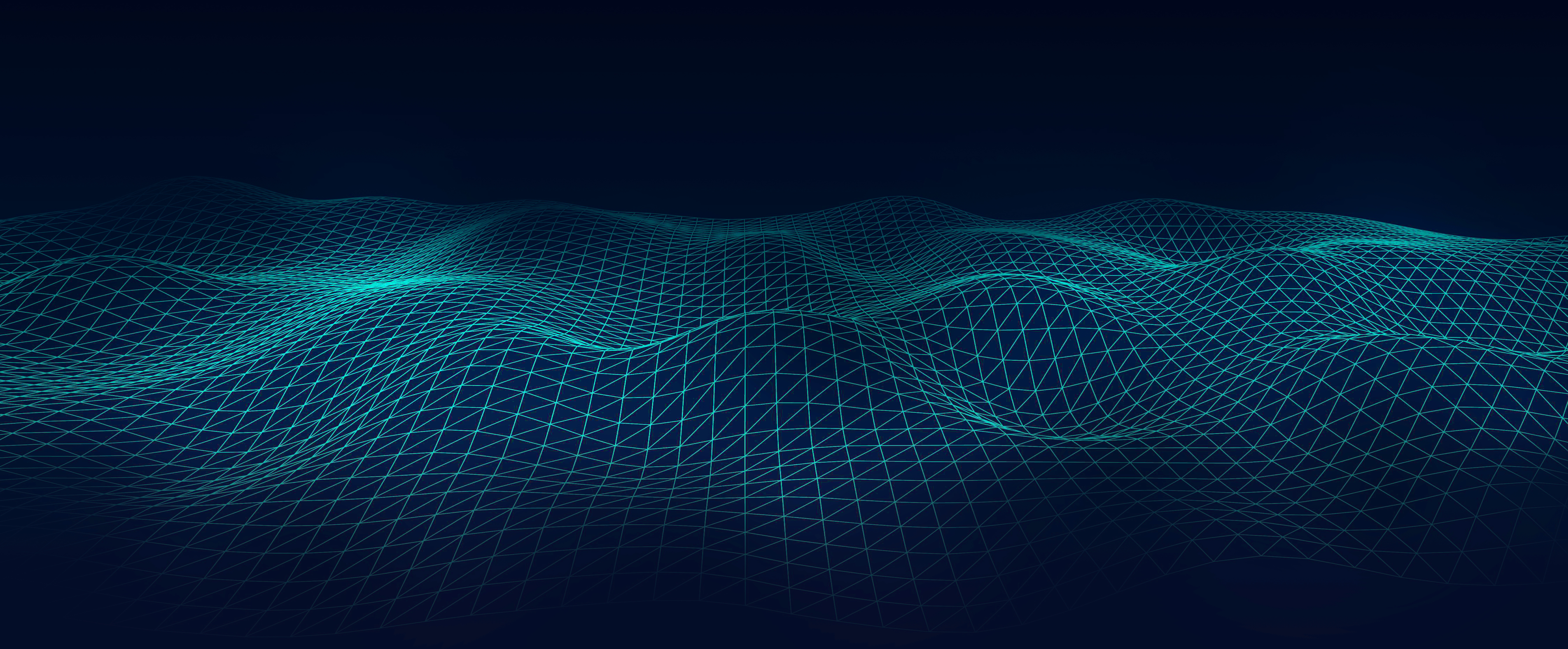 Abstract turquoise wireframe waves on a dark blue gradient.
