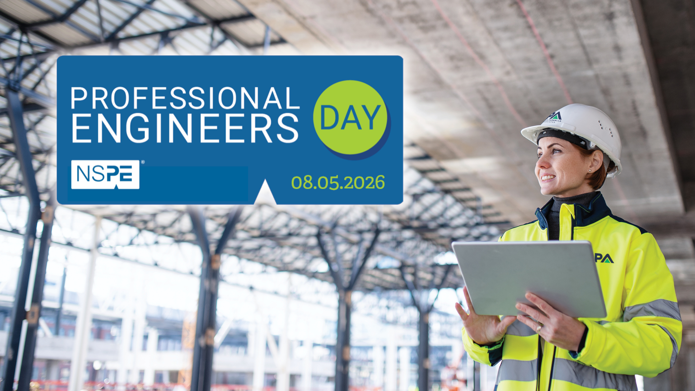 Woman in a white hard hat and neon safety jacket holds a tablet at a construction site, with a large blue sign reading 'Professional Engineers Day' and date 08.05.2026 in the background